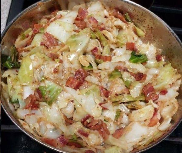 CABBAGE FRIED WITH BACON, ONION, AND GARLIC