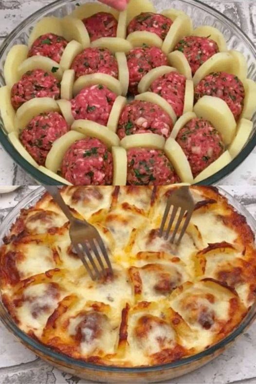 French in origin Chewy Potato Bake with Meatballs