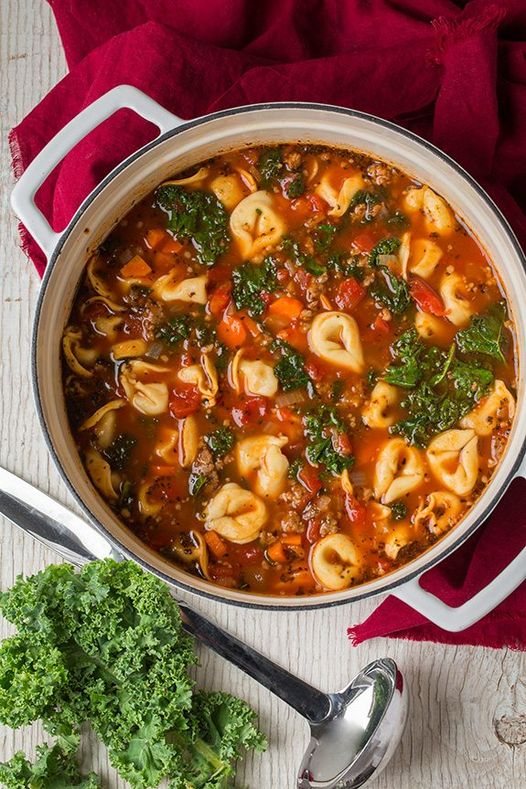 Soup with Italian sausage, kale, and tortellini