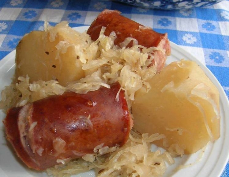 CROCKPOT Polish sausage, sauerkraut, and potatoes