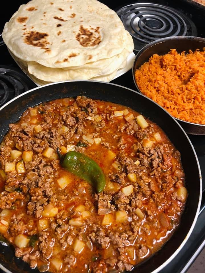 Picadillo cooked from scratch using flour tortillas