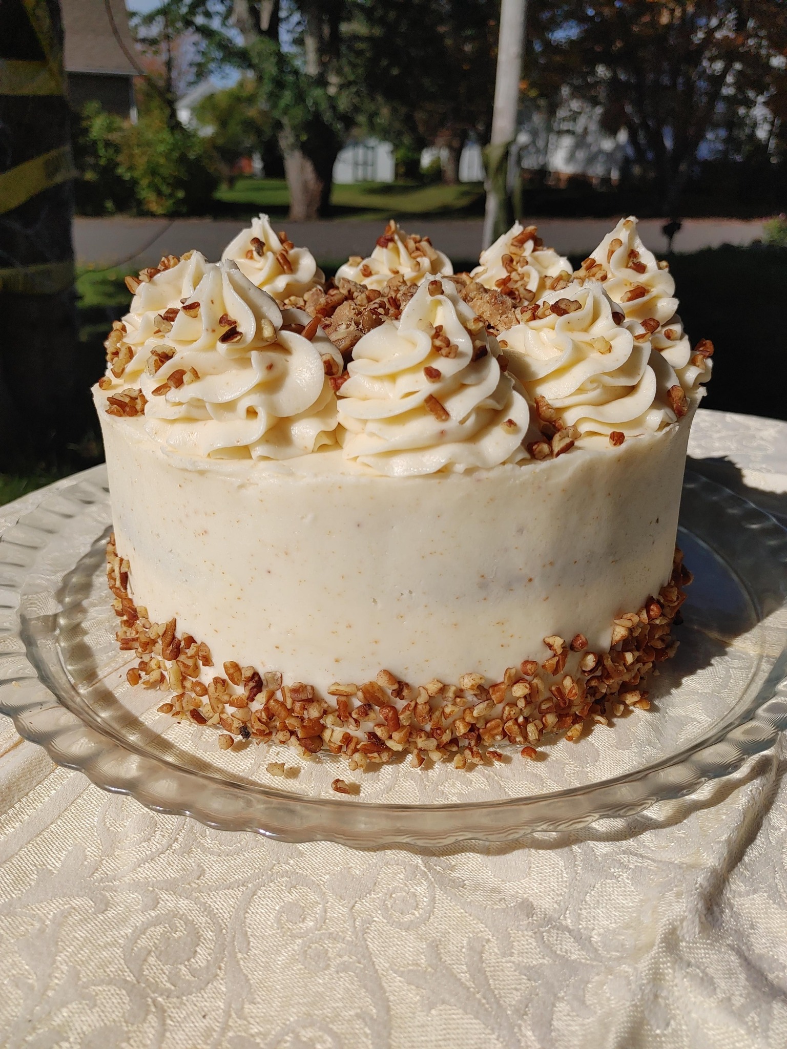 Brown butter buttercream, chocolate spice cake, and pecan praline