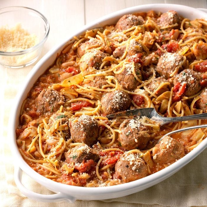 One-Pot Spaghetti & Meatball Skillet Supper