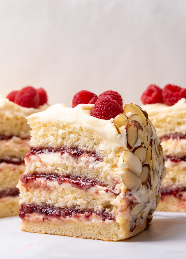 Cake with White Chocolate, Almonds, and Raspberries