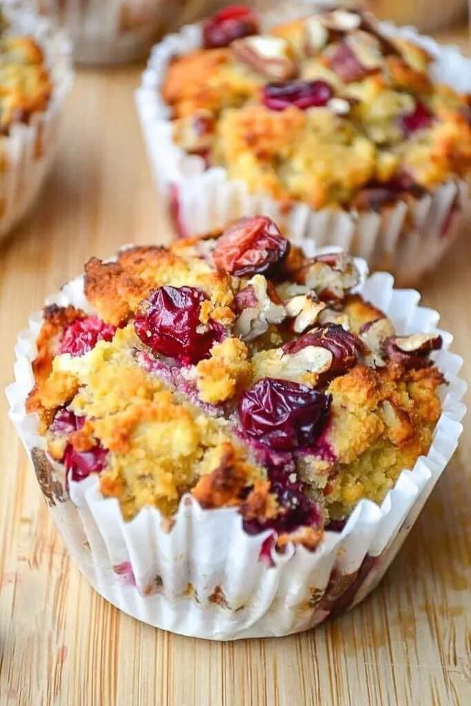 Muffins with cranberries, oranges, and pecans