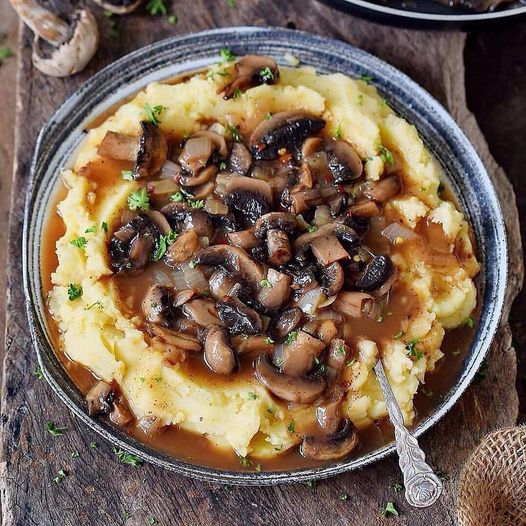 Delicious Mashed Potatoes with Hearty Mushroom Lentil Stew