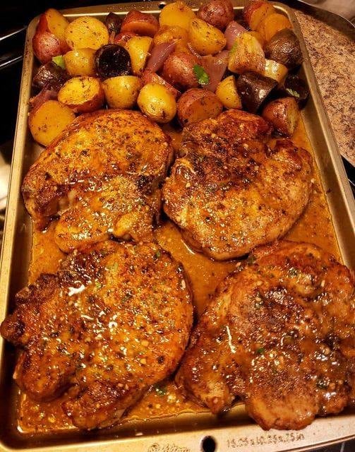 Sheet Pan Pork Chops with Multi-Colored Potatoes & Red Onion