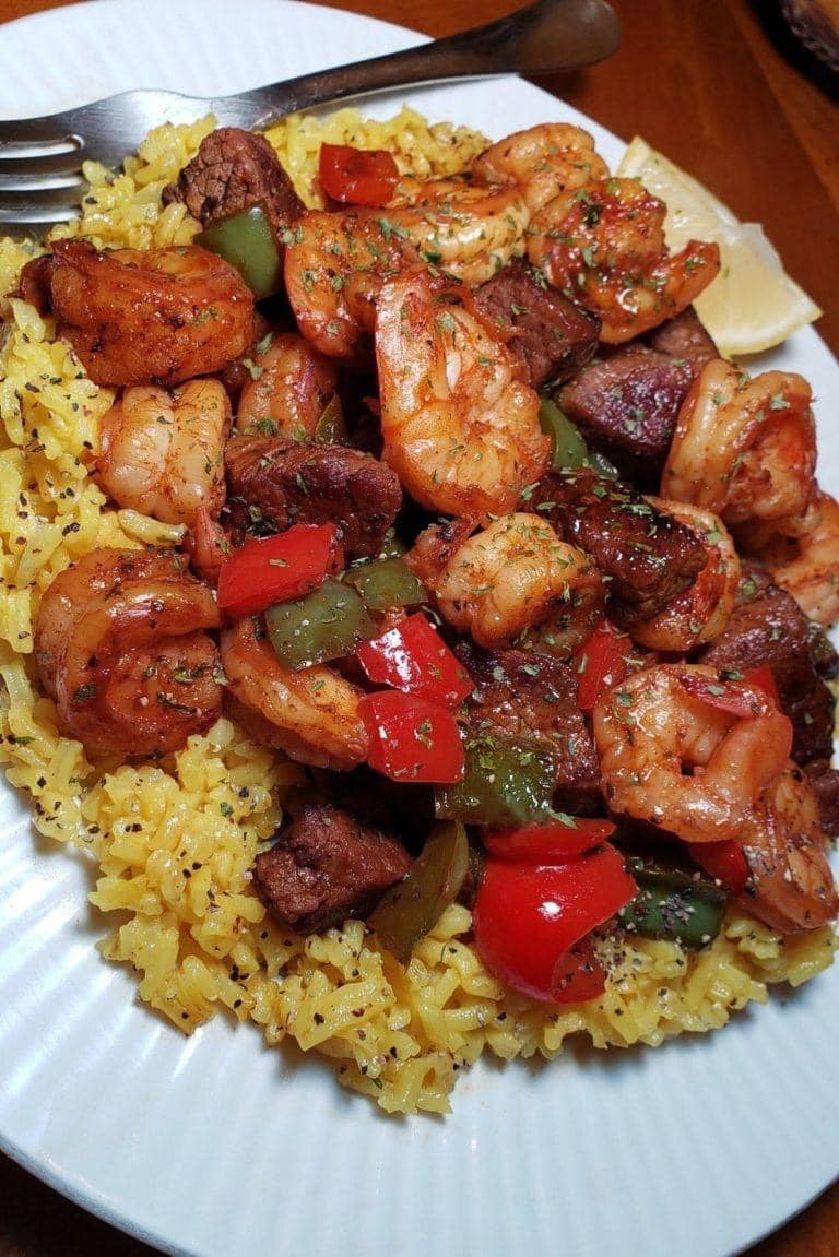 Jerk Steak and Shrimp over Yellow Rice